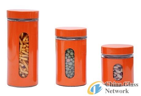 3 pcs Red Window Glass Canister